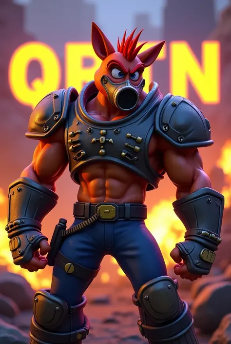 Muscular Crash Bandicoot wearing a war tank Highlighted on the word QRTN in the background War background Yellow and purple fire Wearing a gas mask 