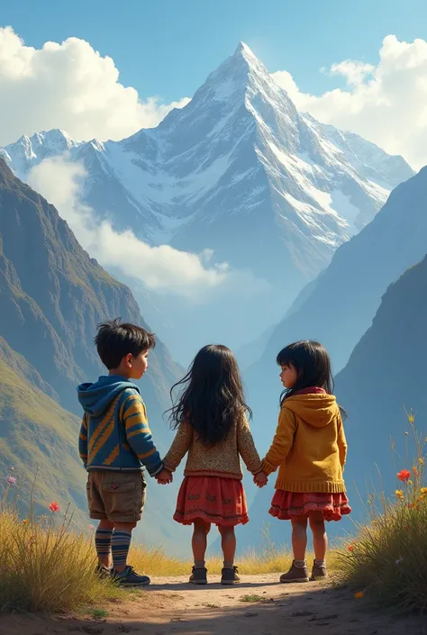 Three children from the Ecuadorian mountains holding hands in a landscape with mountains but facing each other 