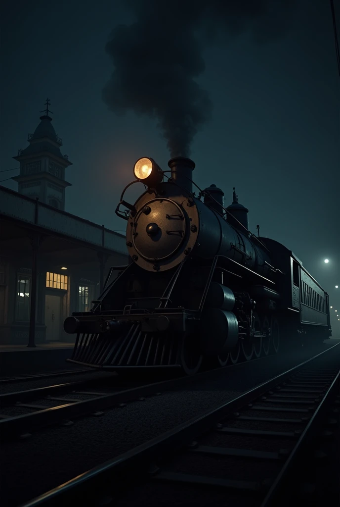 old-fashioned train standing quietly at night.