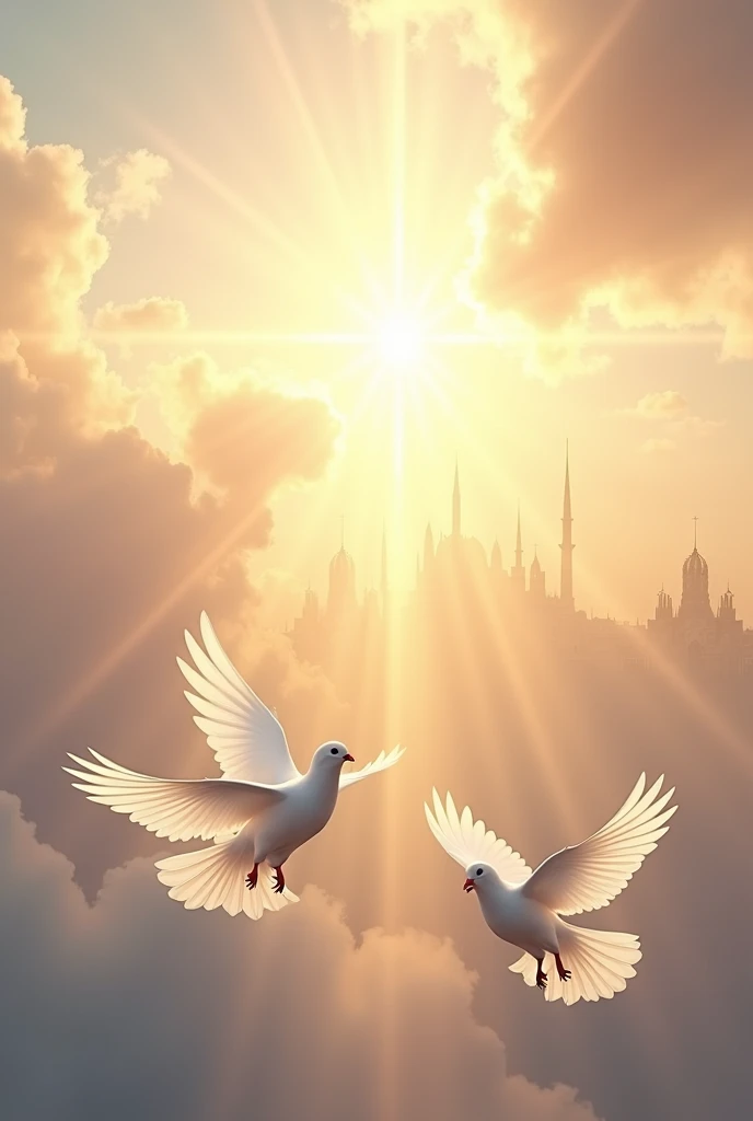 (photorealism:1.2), doves, sky, heaven, praise, city