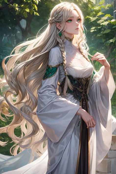 elowen fairbrook, an 1 female standing at 165 cm tall with a slender figure dressed in flowing fabrics that convey both nobility...