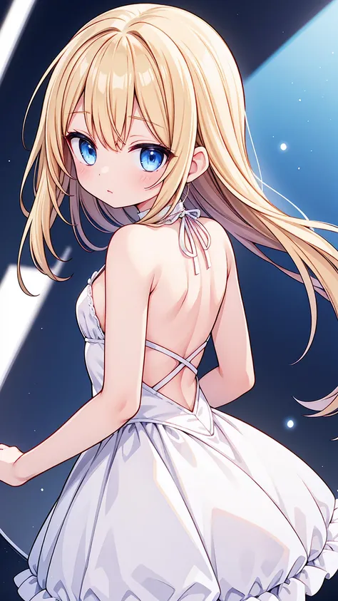 1 Sister、The back is visible、I can see the shoulder blades、The back is visible、Shoulders bare、I can see the shoulder blades、Blonde straight hair、blue eyes、Pure white, soft and comfortable、A little thick、Backless top dress with lace、I&#39;m sitting with my ...