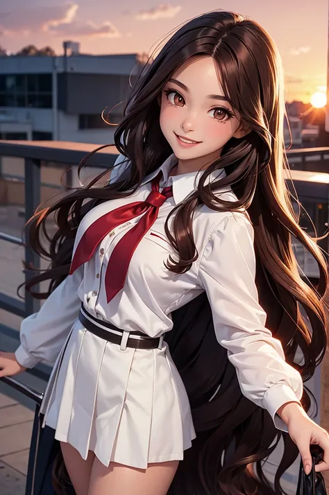 Vampire female with a kind smile and extremely beautiful face with very long curly chocolate brown hair and reddish-brown eyes and wearing a white high school uniform at sunset.