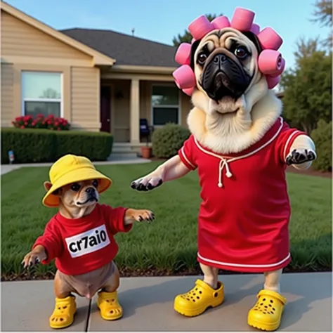 The image shows a pug dog wearing a red dress and yellow crocs. The pug is standing on its hind legs with its front paws on the ground. It has pink hair rollers on its head and is looking directly at the camera with a mischievous expression. Next to the pu...