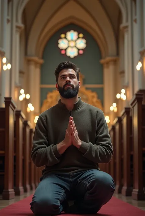 20-year-old man with a well-trimmed beard praying with his knees on the floor inside the church.