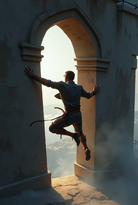 Dynamic shot, focusing on action.
Flynn pulls himself into the tower through the window, landing softly inside.