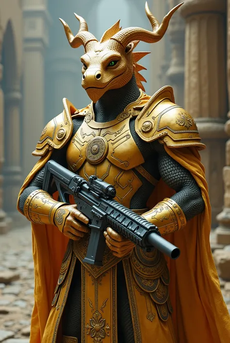 Black Dragonborn, wearing golden armor is holding a firearm Futurista