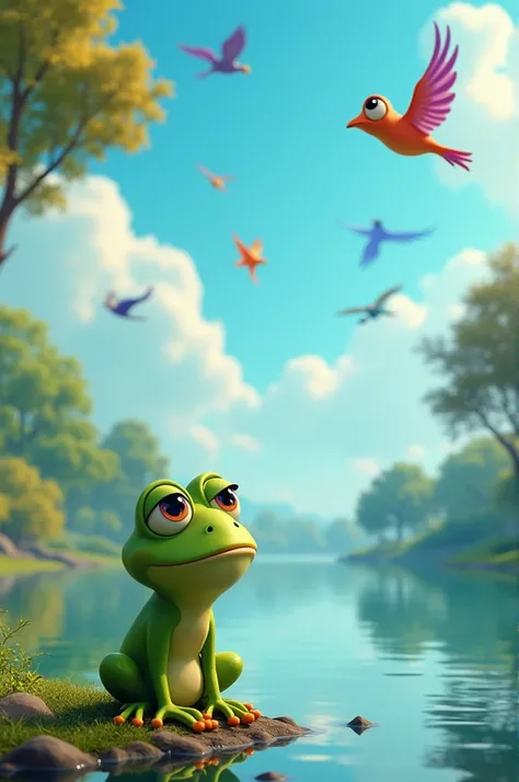 Fred, a green frog with big eyes, sitting on the shore of the lake, looking at colorful birds flying high. The sky is blue, with fluffy clouds and reflections of trees in the water.