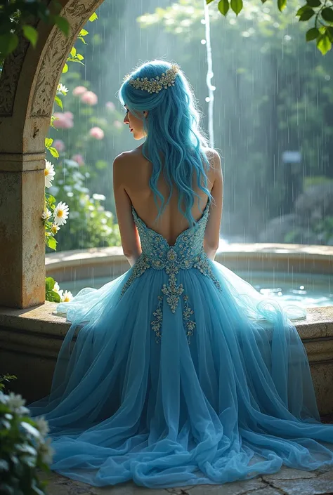 "The princess with celestial blue hair, shimmering like the sky on a sunny day, is elegantly seated in the lush garden of the palace, surrounded by vibrant flowers and greenery. She reclines gracefully on a beautifully carved stone bench, her hair glowing ...