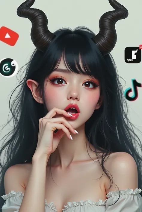 Create an image of a very beautiful woman with bangs and horns with her hand over her mouth, amazed, with Tik Tok and YouTube icons around the image