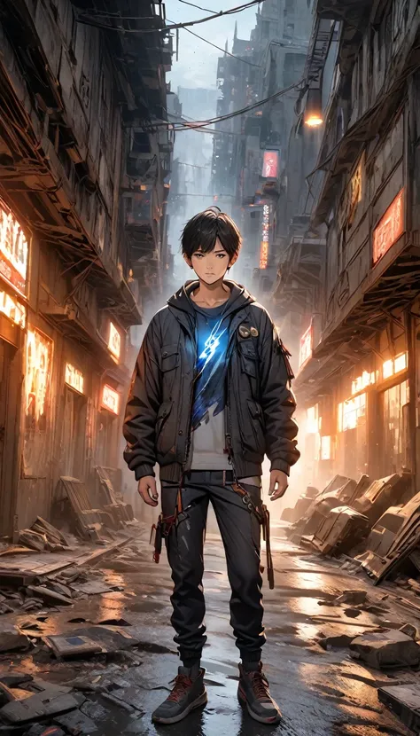 (A young man with a soul body who emits blue and black lightning particles around him), 3D rendering movie special effects, Cinema Lighting, Abandoned city, Clear HD, 8k resolution, Very detailed, Digital Painting, Concept Art, Shinkai Makoto style,  ulari...