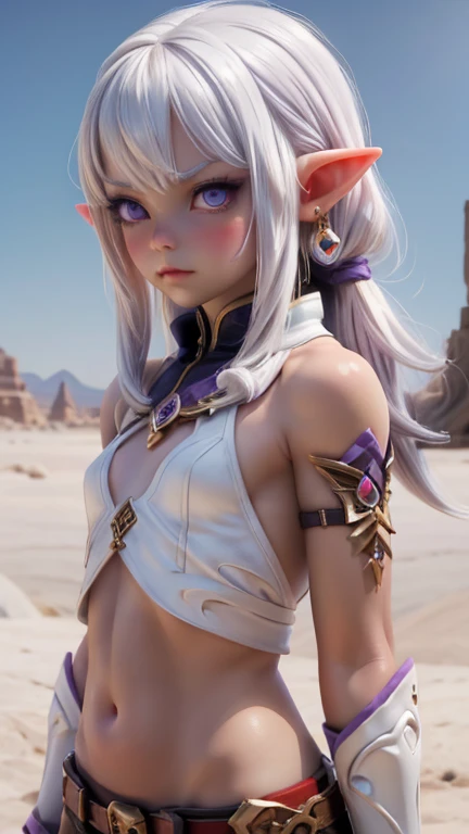 upper body portrait, elf, white hair, neon purple skin, beautiful, cute arabic clothes, warrior, belly, fit, white hair, cowboy photo, back view looking back, angry expression, desert background, realistic fantasy, concept art