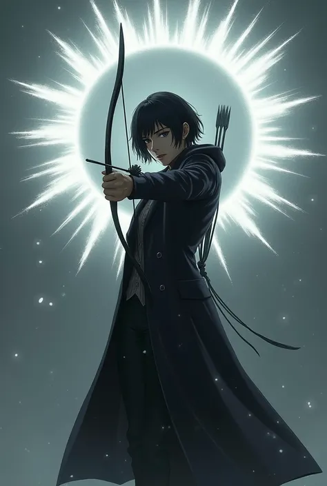 An archer in a black coat, short hair, and an arc of rays 