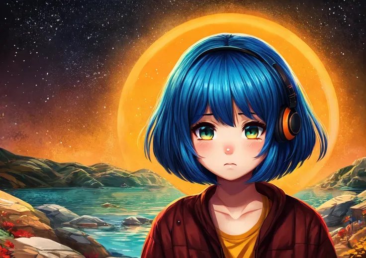 A sad girl listening music 2d sad theme lofi image, illustration of a girl with blue hair, art print, in the style of dark yellow and light azure, water drops, bold manga lines, the stars art group (xing xing), i cant believe how beautiful this is, dark ye...