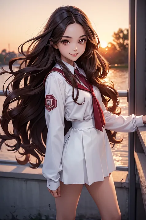 Vampire female with a kind smile and extremely beautiful face with long curly chocolate brown hair and reddish-brown eyes and wearing a white high school uniform at sunset.