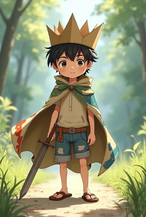 Make a boy () wearing old clothes and a little dirty, on the head a crown made of cardboard and ribbon, and wears a cape made of patched fabrics, besides ripped shorts and flip-flops. He holds a sword made of wood. Make it in the style of Japanese animatio...