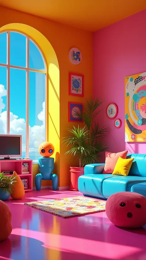 brightly colored furniture and decor in a brightly decorated room, pop - art style, in style of pop - art, pop art style, pop and vibrant colors, pop art look, 8 0s airbrush aesthetic, 8 0 s art decor, details and vivid colors, pop art, colorful accents, p...