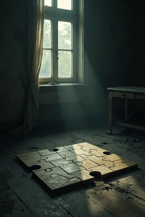 Room of an abandoned house, square wooden symbol puzzle with 3 missing pieces 