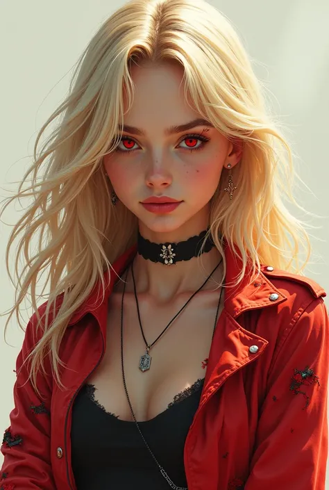 High Quality, The best quality, masterpiece, absurdresred_jacket, Love, red_eyes, rubio_Hair, _Hair, Hair_Love, smile, 1 girl, ripped clothes, pieces of cloth,  