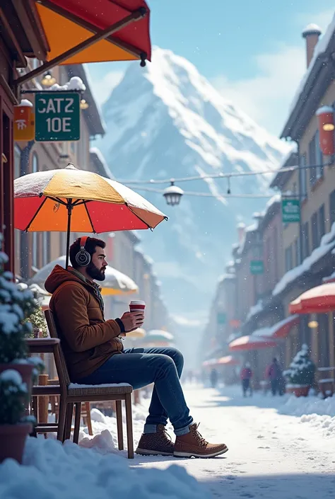 The man is enjoying coffee in a busy street sitting in a chair with a table umbrella
. There is beautiful  snowfall in the city and mountain is visible from the city. The man is wearing casual dress with headphone and he is enjoying the view. 