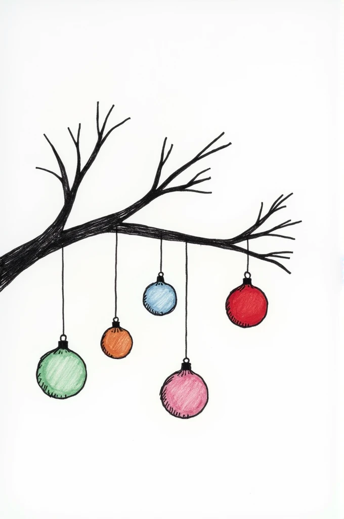 Christmas balls are drawn on a tree branch on a white background 

