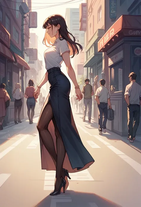 Side view of an Asian woman in a city street, wearing a bodycon long skirt, walking fast, late to work, tensed expression, high heels, pantyhose,