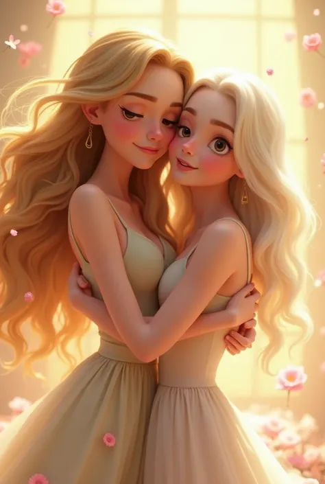 A young blonde with white hair down to her ribs and brown eyes, 1, hugging Lana del Rey in the Disney Pixar animation version 