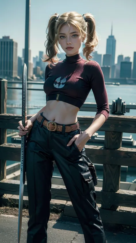 ((masterpiece)), ((best quality)), ((highres)), 1girl, solo, Margot Robbie as Harley Quinn, (matching pants, slacks), city backdrop, (holding a katana), standing, medium hair, (twintails),