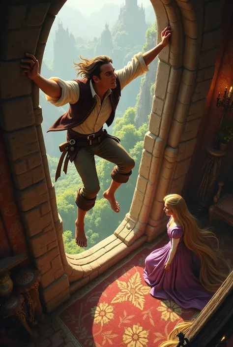 : Flynn Rider, Rapunzel
Shot: Dynamic shot, focusing on action.
Flynn pulls himself into the tower through the window, landing softly inside.