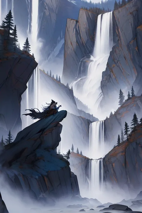 A large valley, a huge waterfall, a rocky area, a griffon in the background, a hellhound, the Milky Way, a mountain hut, an elf man and woman wearing leather equipment and a cloak, light magic attacks, deep depth of field, diamond dust dancing, strong fog,...