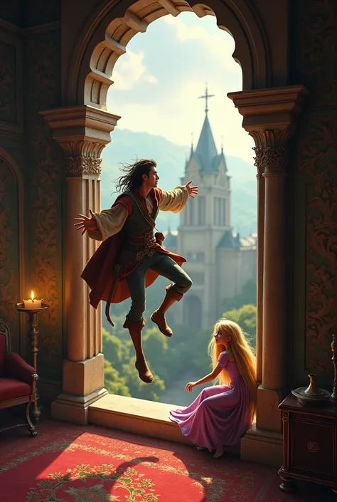 : Flynn Rider, Rapunzel
Shot: Dynamic shot, focusing on action.
Flynn pulls himself into the tower through the window, landing softly inside.