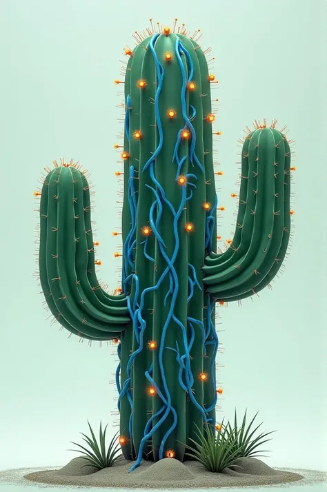 create an image of a cactus in which blue lines are electrical wires inside the cactus representing the water it stores and orange dots are LED lights representing spines