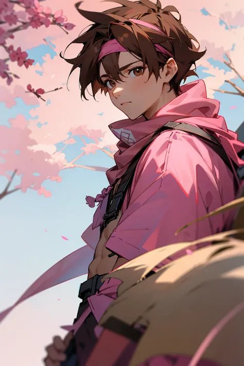 1male, brown parted hair, brown eyes, pink bandana, pink accented clothing, outside park