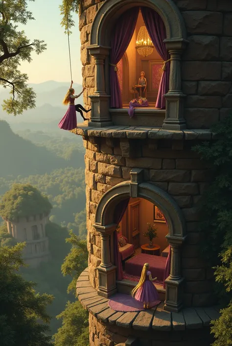 : Flynn Rider, Rapunzel
Shot: Dynamic shot, focusing on action.
Flynn pulls himself into the tower through the window, landing softly inside.