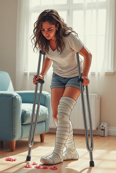 Colored drawing of a young white Brazilian woman, a leg completely in plaster from the groin to the foot. Fallen in the living room and expression of pain, and using crutches