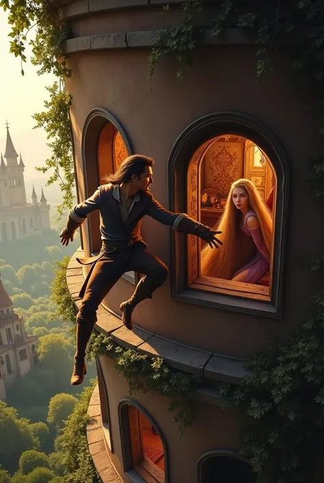 : Flynn Rider, Rapunzel
Shot: Dynamic shot, focusing on action.
Flynn pulls himself into the tower through the window, landing softly inside.