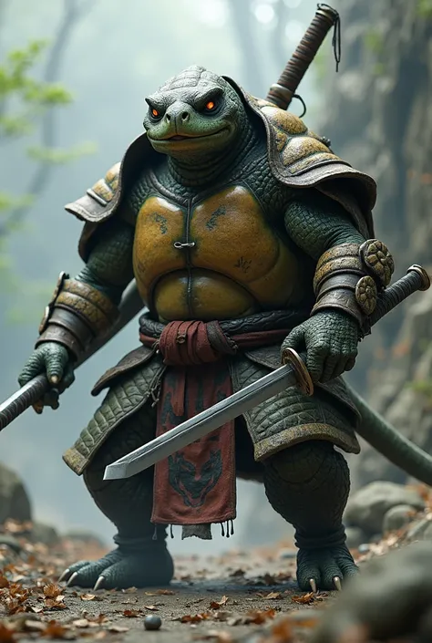 Aggressivea Turtle and samurai hybrid combination realistic background 