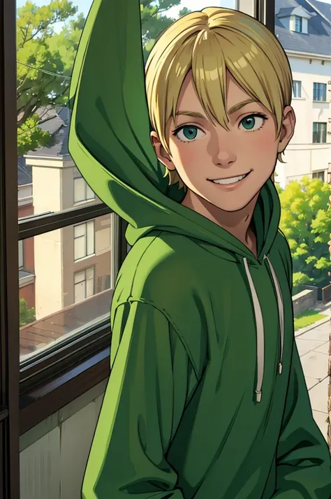 create a blond named Alex, wearing a green outfit, with hood covering your head, he is smiling at the street through his bedroom window.