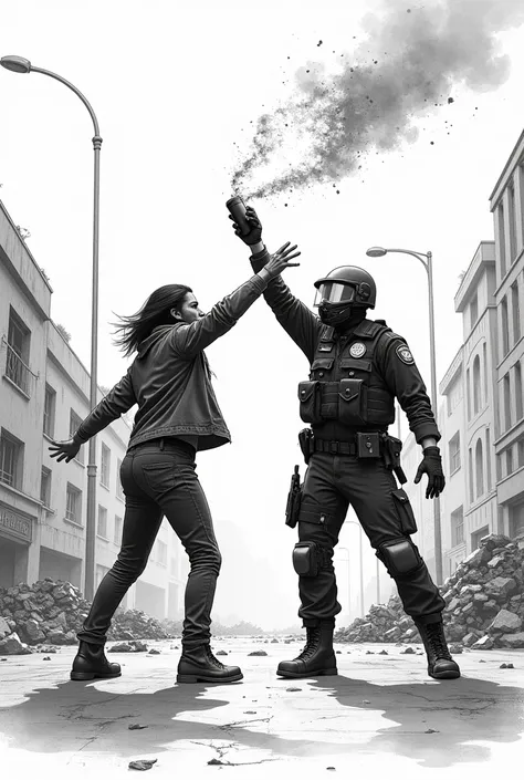 Protester throwing Molotov cocktail at police officer black and white drawing
