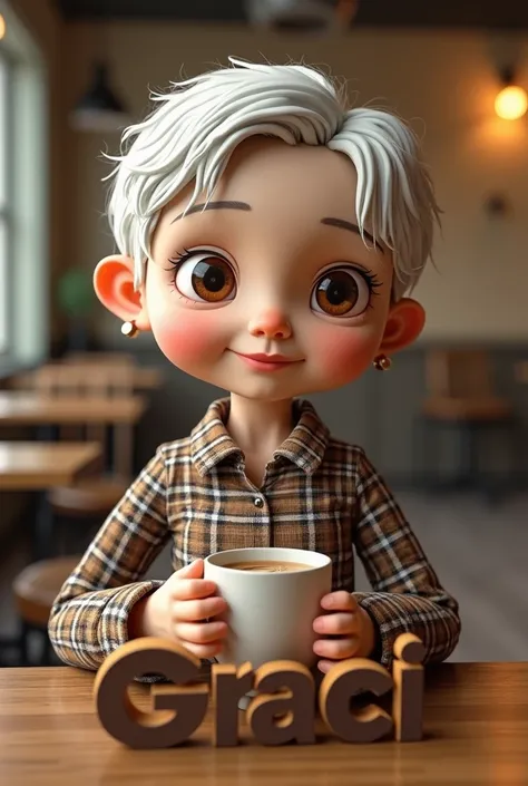 3d old lady doll with short white hair, brown eyes, thin face, small ears with small earrings, with plaid shirt, with name GRACI in big letters below, having a coffee, with a cafeteria background 