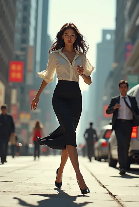 Side view of an Asian woman in a city street, in a hurry, wearing a bodycon long skirt, walking fast, late to work, tensed expression, high heels, pantyhose, perfect face perfect eyes,