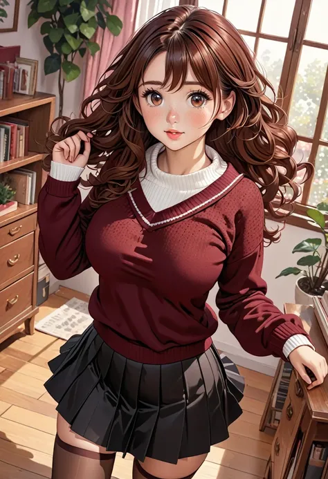 illustration, detailed illustration, ultra detailed, dynamic angle, 1girl, medium brown hair, wavy hair, big brown eyes, light freckles, cute, large breasts, burgundy sweater, black pleated skirt, burgundy hose