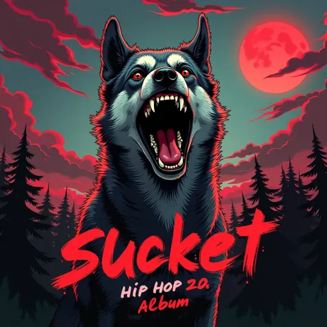 
colored album art, hip hop music album cover, rap album cover, There is a red background and a red sky., A dog barks at the red moon