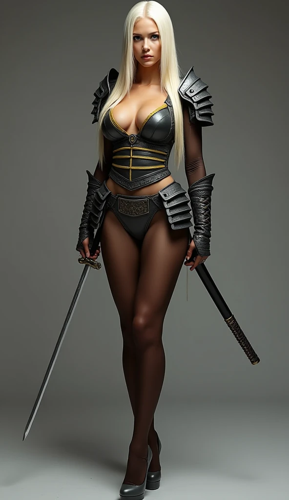 A beautiful european girl with long straight platinum blonde hair, slim fit athletic figure with enormous breasts, she wears samurai style chest and shoulder armor and gauntlets in dark gray with yellow trim, she wears brown pantyhose and dark gray wedge h...