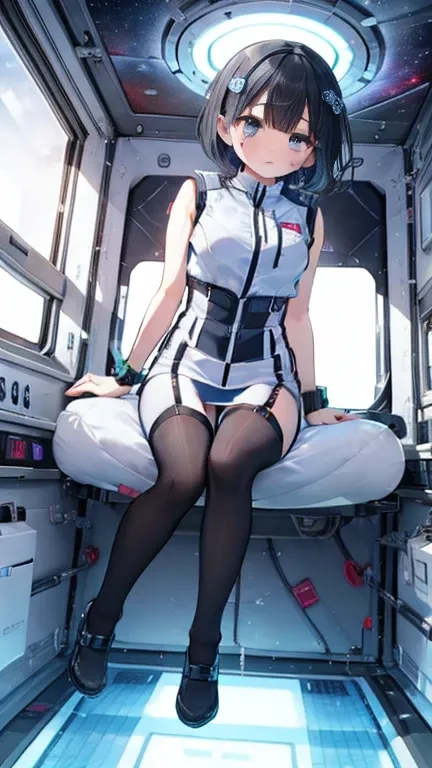 (Best Quality), (masterpiece), 1080P, High resolution, 4K, 8k, Inside the space station、Futuristic room、Thigh straps, Shooting from directly below, The woman on top of me, 白いsweat, Covered , sweat, Woman looking down, Skirt swimsuit, Thigh-high socks, To a...