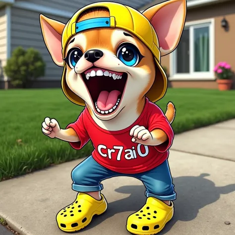 The image is a digital illustration of a small chihuahua dog wearing a red t-shirt with the word "CR7AI0" written on it, blue jeans, and yellow crocs. The dog is standing on a sidewalk in front of a house with a lawn and a flower pot in the background. It ...