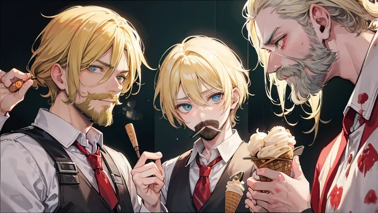 2 boy, blond hair with mustache and beard, Ice cream man in a zombie apocalypse offering ice cream to a zombie