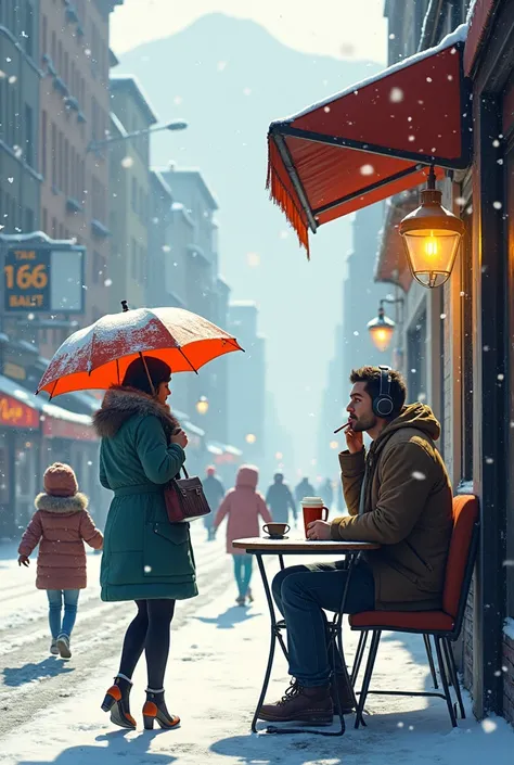 The man is enjoying coffee with a cigarette in a busy street sitting in a chair with a table umbrella. He has eye contact with a beautiful and elegant women passing by. 
. There is beautiful  snowfall in the city and mountain is visible from the city. The ...