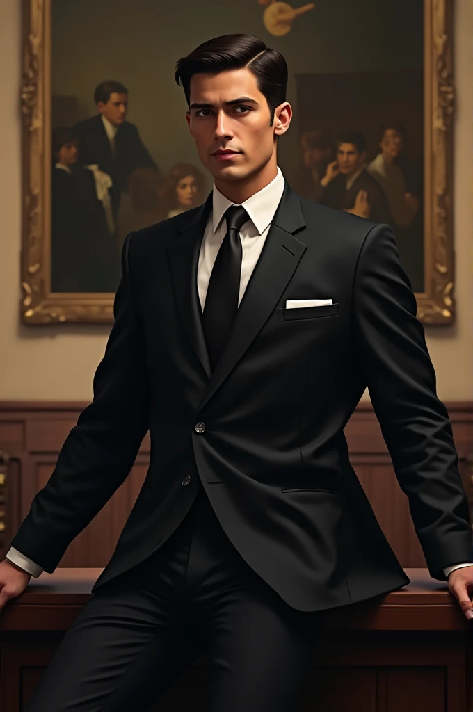 A young, elegant mafia man, wearing a black suit, leaning on a desk, on the wall behind the desk there is a painting hanging 