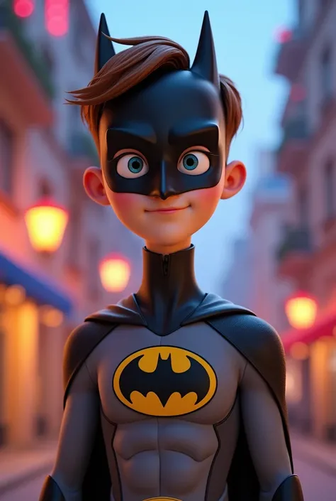 Disney Pixar Version A tall 2 white young man with short brown hair wearing a batman mask